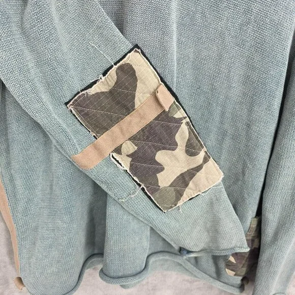 Express Sweater L Green Camo Lion Patches Elbows Side Heavy 90s Y2K Rolled Edges